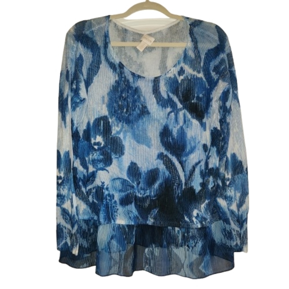 Chico's Size 2 Blue Floral Long Sleeve Top Sheer Ruffle Hem Cottagecore Boho